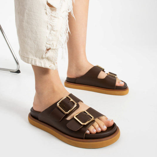 Walviss Arandis Kadin Hakiki Deri Çift Tokali Kahverengi Terlik