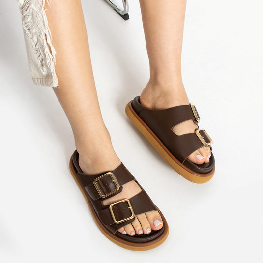 Walviss Arandis Kadin Hakiki Deri Çift Tokali Kahverengi Terlik