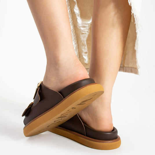 Walviss Arandis Kadin Hakiki Deri Çift Tokali Kahverengi Terlik