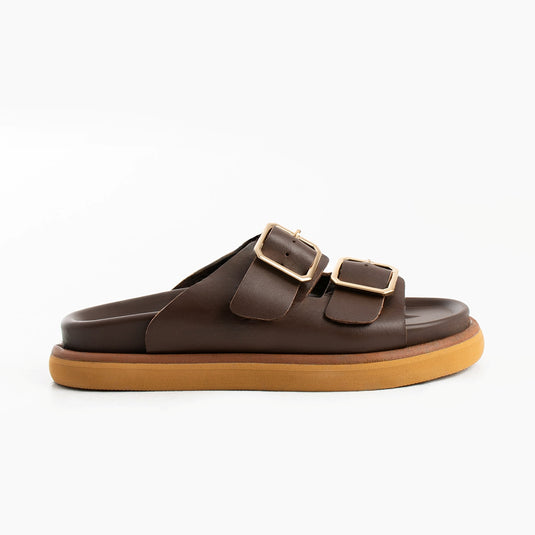 Walviss Arandis Kadin Hakiki Deri Çift Tokali Kahverengi Terlik