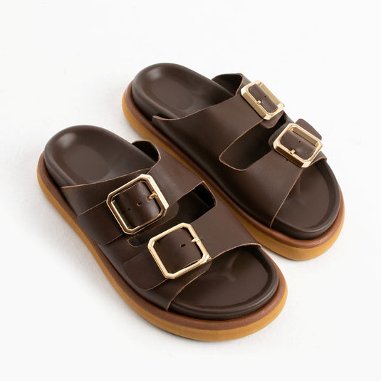 Walviss Arandis Kadin Hakiki Deri Çift Tokali Kahverengi Terlik