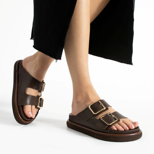 Walviss Arandis Kadin Hakiki Deri Çift Tokali Koyu Kahverengi Terlik