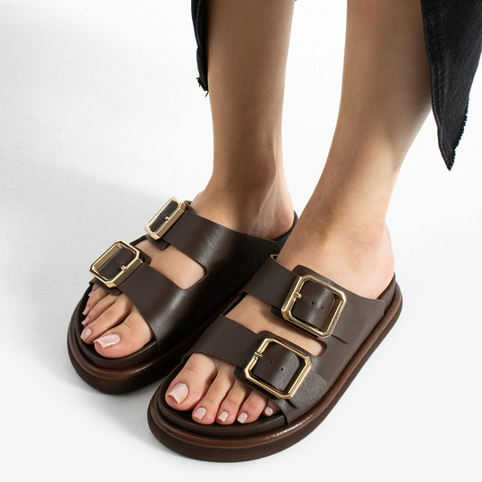 Walviss Arandis Kadin Hakiki Deri Çift Tokali Koyu Kahverengi Terlik