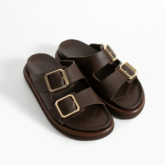 Walviss Arandis Kadin Hakiki Deri Çift Tokali Koyu Kahverengi Terlik