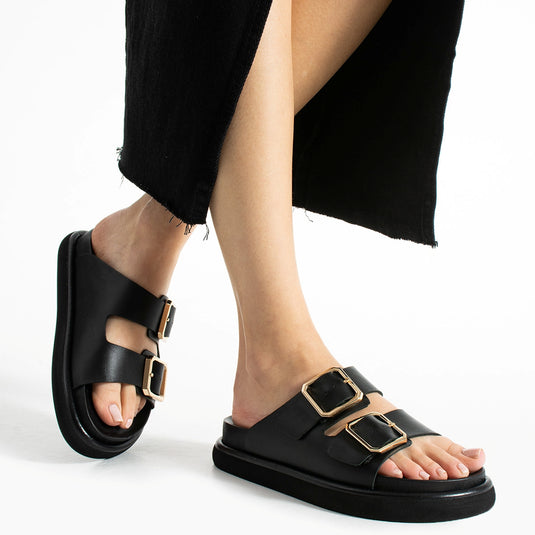 Walviss Arandis Kadin Hakiki Deri Çift Tokali Siyah Terlik