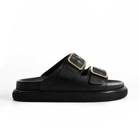 Walviss Arandis Kadin Hakiki Deri Çift Tokali Siyah Terlik