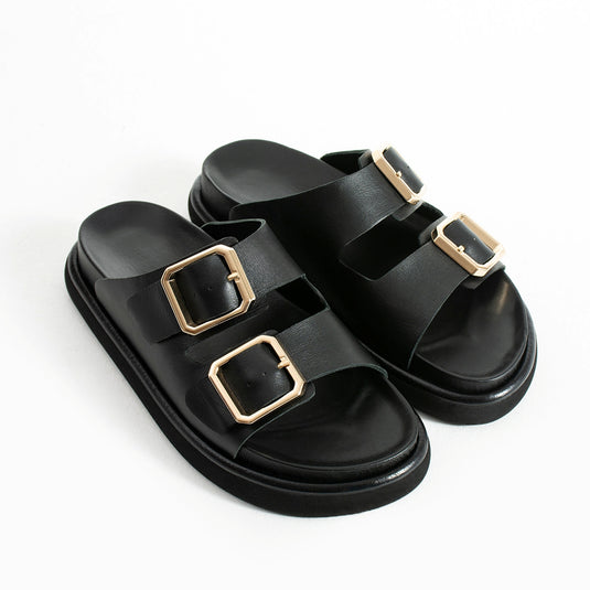 Walviss Arandis Kadin Hakiki Deri Çift Tokali Siyah Terlik