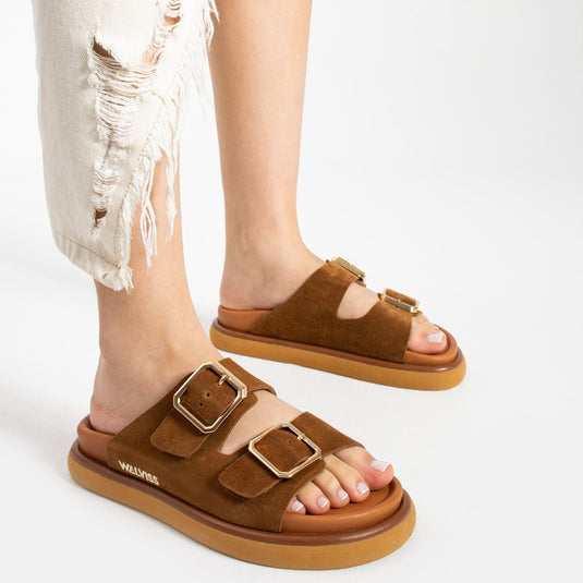 Walviss Arandis Kadin Hakiki Süet Deri Çift Tokali Coconat Terlik