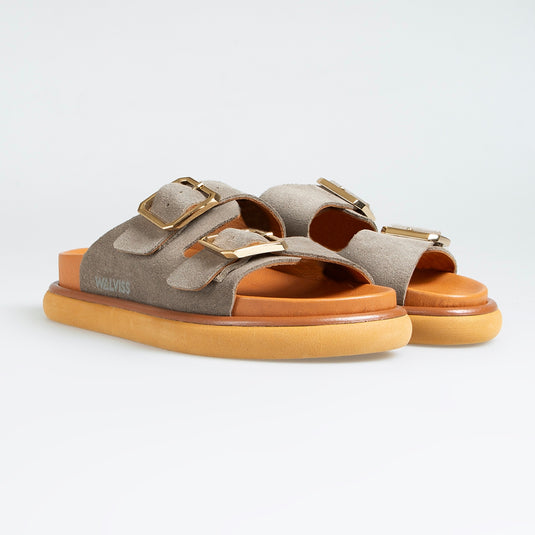 Walviss Arandis Kadin Hakiki Süet Deri Çift Tokali Füme Terlik