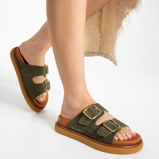 Walviss Arandis Kadin Hakiki Süet Deri Çift Tokali Haki Terlik