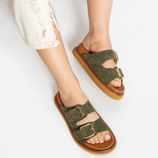 Walviss Arandis Kadin Hakiki Süet Deri Çift Tokali Haki Terlik