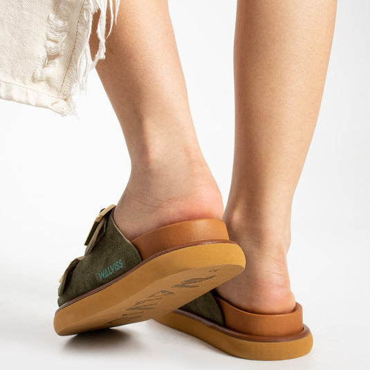 Walviss Arandis Kadin Hakiki Süet Deri Çift Tokali Haki Terlik
