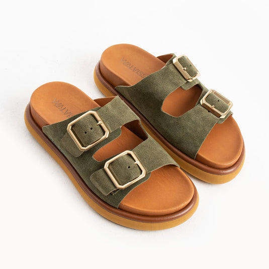 Walviss Arandis Kadin Hakiki Süet Deri Çift Tokali Haki Terlik