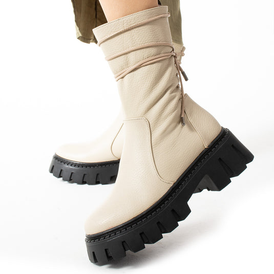 Walviss Assode Kadin Hakiki Deri Fermuarli Ekru Bot