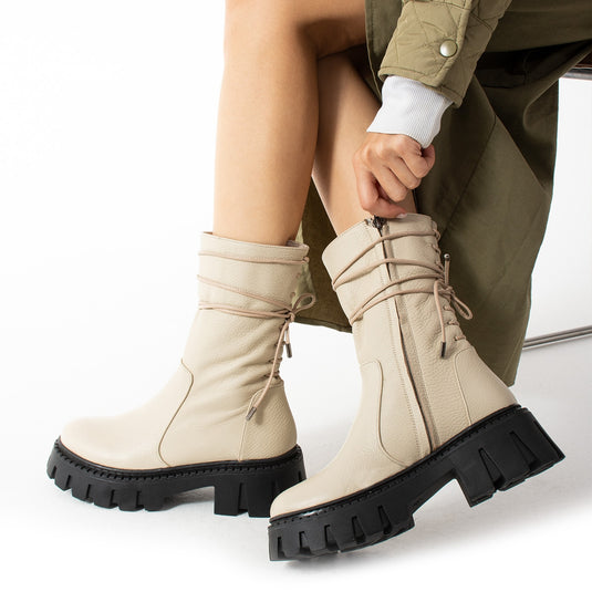 Walviss Assode Kadin Hakiki Deri Fermuarli Ekru Bot