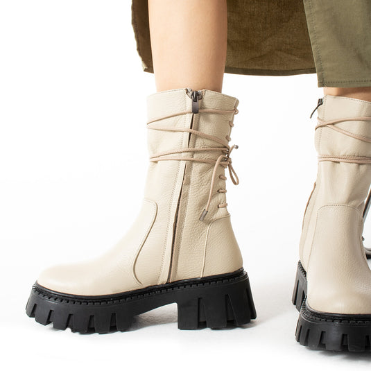 Walviss Assode Kadin Hakiki Deri Fermuarli Ekru Bot