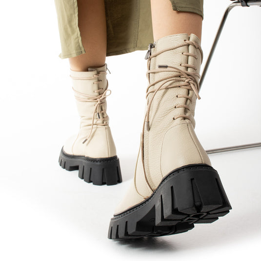 Walviss Assode Kadin Hakiki Deri Fermuarli Ekru Bot