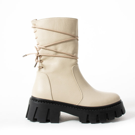 Walviss Assode Kadin Hakiki Deri Fermuarli Ekru Bot