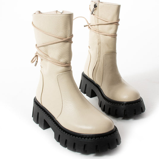 Walviss Assode Kadin Hakiki Deri Fermuarli Ekru Bot