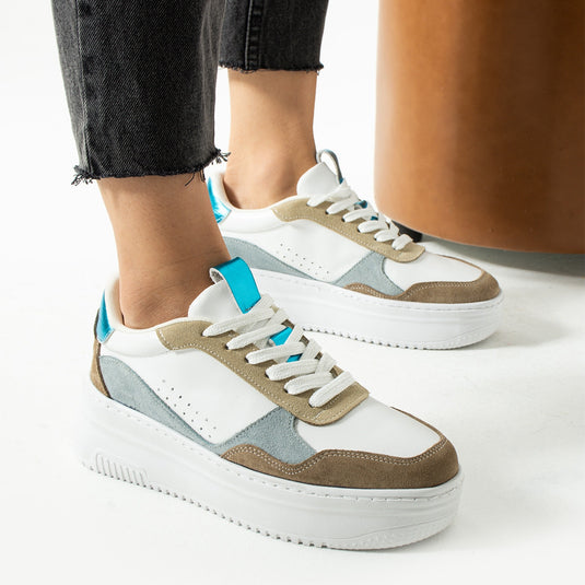 Walviss Bilma Kadin Hakiki Deri Bagcikli Mavi Beyaz Sneaker