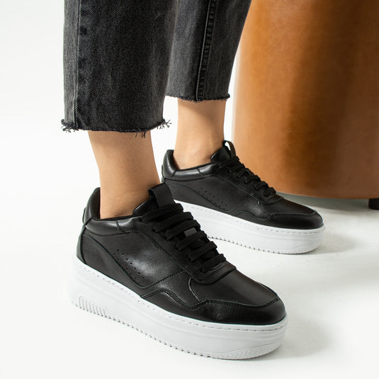 Walviss Bilma Kadin Hakiki Deri Bagcikli Siyah Beyaz Sneaker