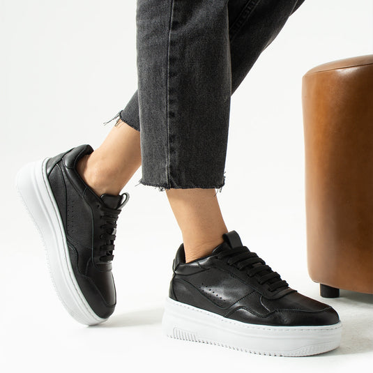 Walviss Bilma Kadin Hakiki Deri Bagcikli Siyah Beyaz Sneaker