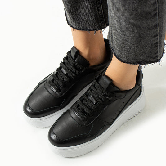 Walviss Bilma Kadin Hakiki Deri Bagcikli Siyah Beyaz Sneaker