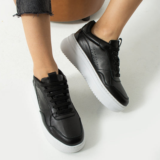 Walviss Bilma Kadin Hakiki Deri Bagcikli Siyah Beyaz Sneaker