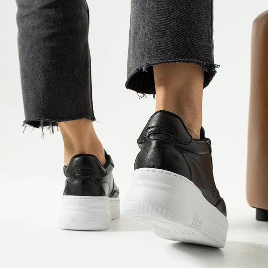 Walviss Bilma Kadin Hakiki Deri Bagcikli Siyah Beyaz Sneaker
