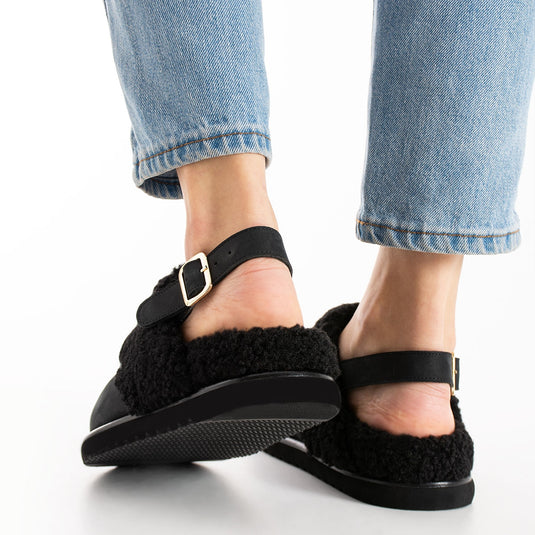 Walviss Ellis Hakiki Deri Kemerli Siyah Sandalet