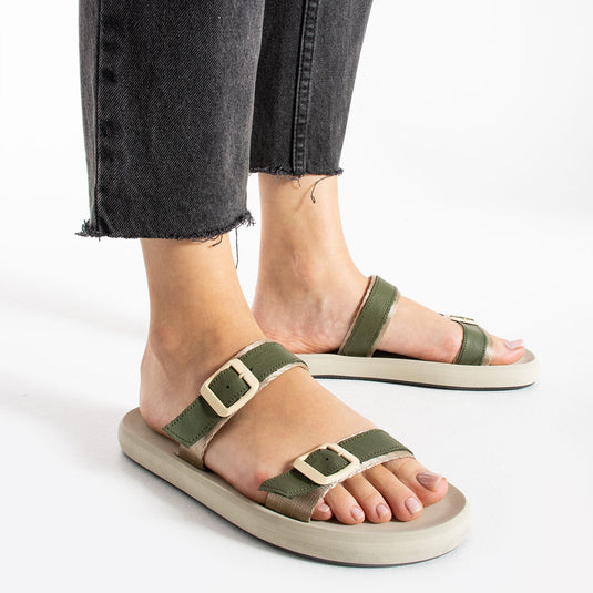 Walviss Gray Deri Çift Tokali Haki Terlik