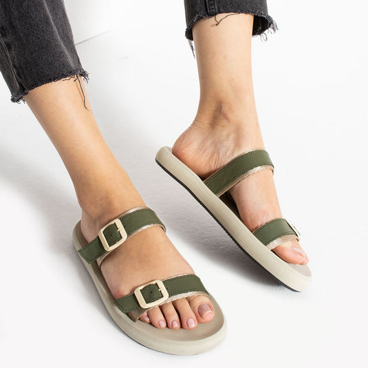 Walviss Gray Deri Çift Tokali Haki Terlik