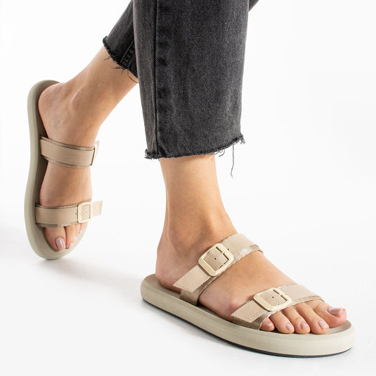 Walviss Gray Kadin Deri Çift Tokali Bej Terlik