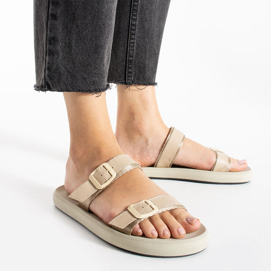 Walviss Gray Kadin Deri Çift Tokali Bej Terlik