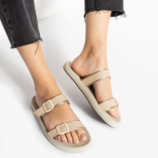 Walviss Gray Kadin Deri Çift Tokali Bej Terlik