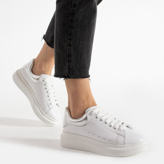 Walviss Guinas Kadın Hakiki Deri Bağcıklı Beyaz Gümüş Sneaker