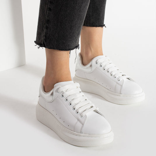 Walviss Guinas Kadın Hakiki Deri Bağcıklı Beyaz Gümüş Sneaker