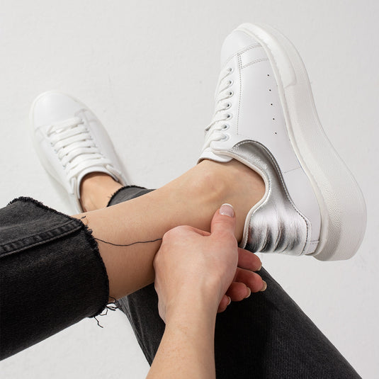 Walviss Guinas Kadın Hakiki Deri Bağcıklı Beyaz Gümüş Sneaker