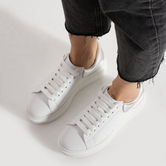 Walviss Guinas Kadın Hakiki Deri Bağcıklı Beyaz Gümüş Sneaker