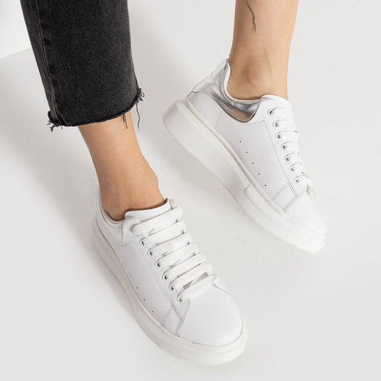Walviss Guinas Kadın Hakiki Deri Bağcıklı Beyaz Gümüş Sneaker