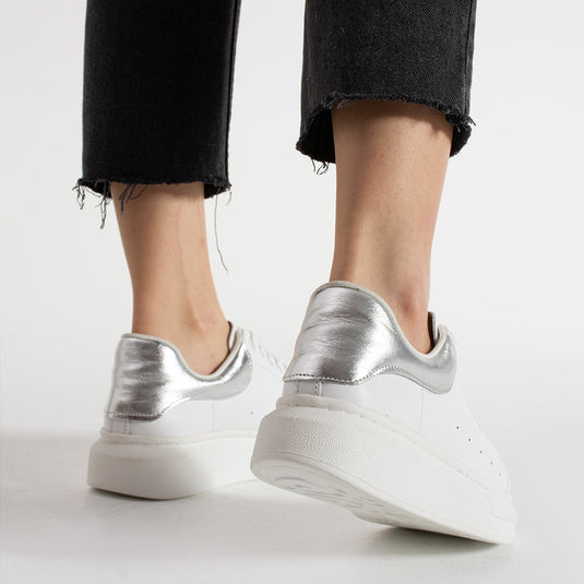 Walviss Guinas Kadın Hakiki Deri Bağcıklı Beyaz Gümüş Sneaker