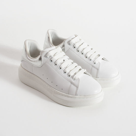 Walviss Guinas Kadın Hakiki Deri Bağcıklı Beyaz Gümüş Sneaker