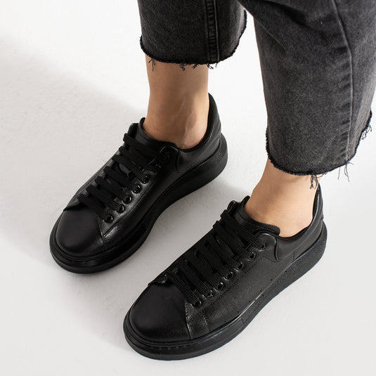 Walviss Guinas Kadin Hakiki Deri Bagcikli Siyah Sneaker