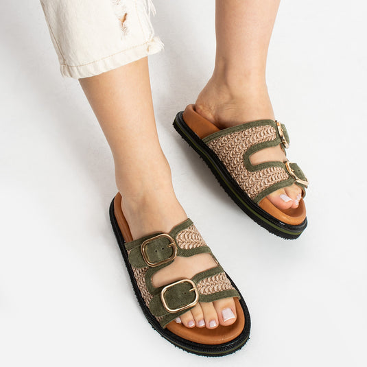 Walviss Klein Kadin Hasir Çift Tokali Haki Terlik