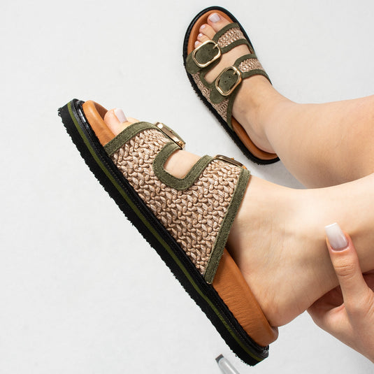 Walviss Klein Kadin Hasir Çift Tokali Haki Terlik