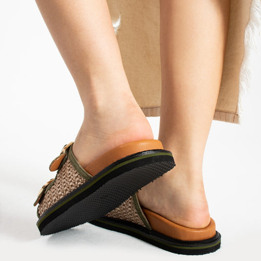 Walviss Klein Kadin Hasir Çift Tokali Haki Terlik