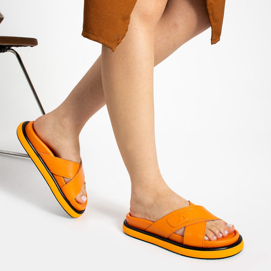 Walviss Luiza Kadin Hakiki Deri Bagciksiz Turuncu Terlik