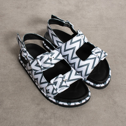 Walviss Madidi Hakiki Deri Çift Tokali Beyaz Siyah Sandalet