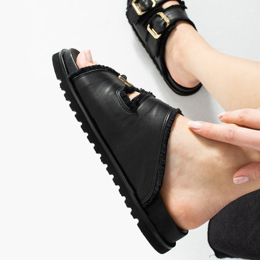 Walviss Magnetti Hakiki Deri Çift Tokali Siyah Terlik