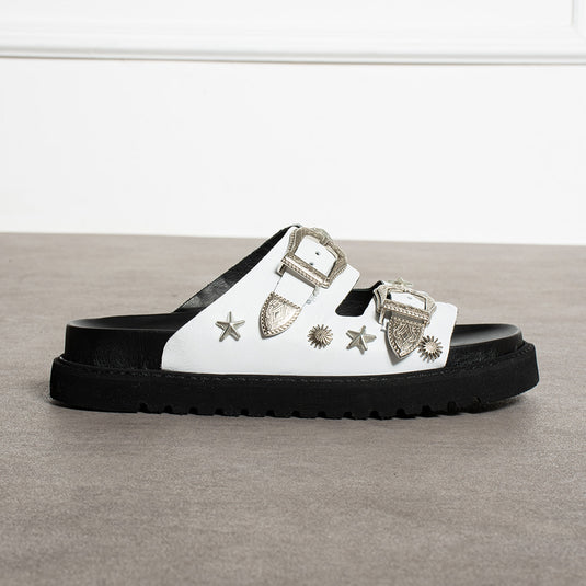 Walviss Manco Hakiki Deri Çift Tokali Beyaz Terlik